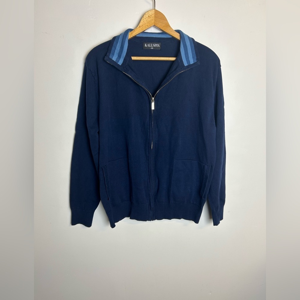 Kallspin Men's Navy‎ Blue Sweater Henley Zipper Pull on Size M Old Money preppy